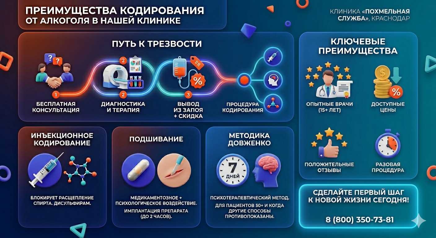 Инфографика о методах кодирования от алкоголя в Каче: инъекции, подшивание, метод Довженко. Преимущества клиники и этапы лечения.