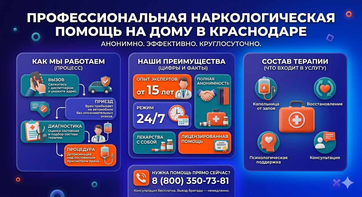 Инфографика о принципах лечения алкоголизма на дому в Каче: этапы вызова нарколога, преимущества анонимной детоксикации и состав медицинской помощи.